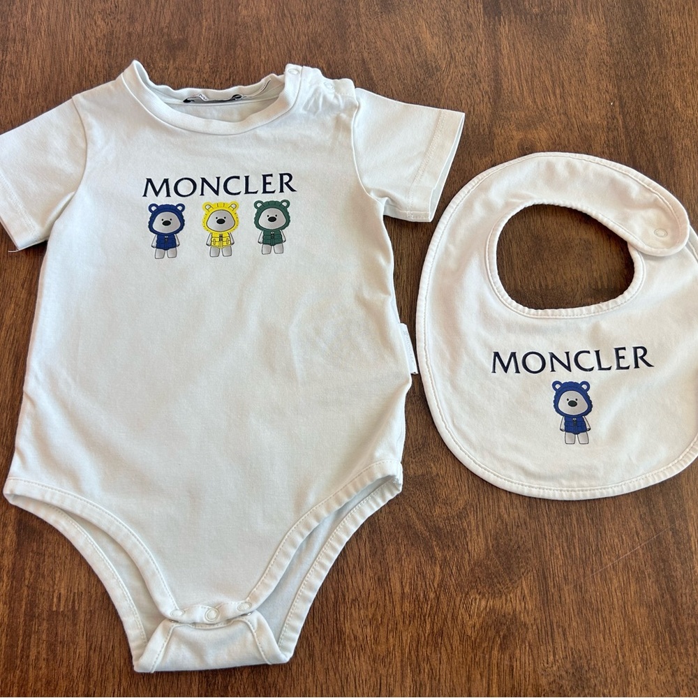 Moncler White Baby Bodysuit and Bib Set
